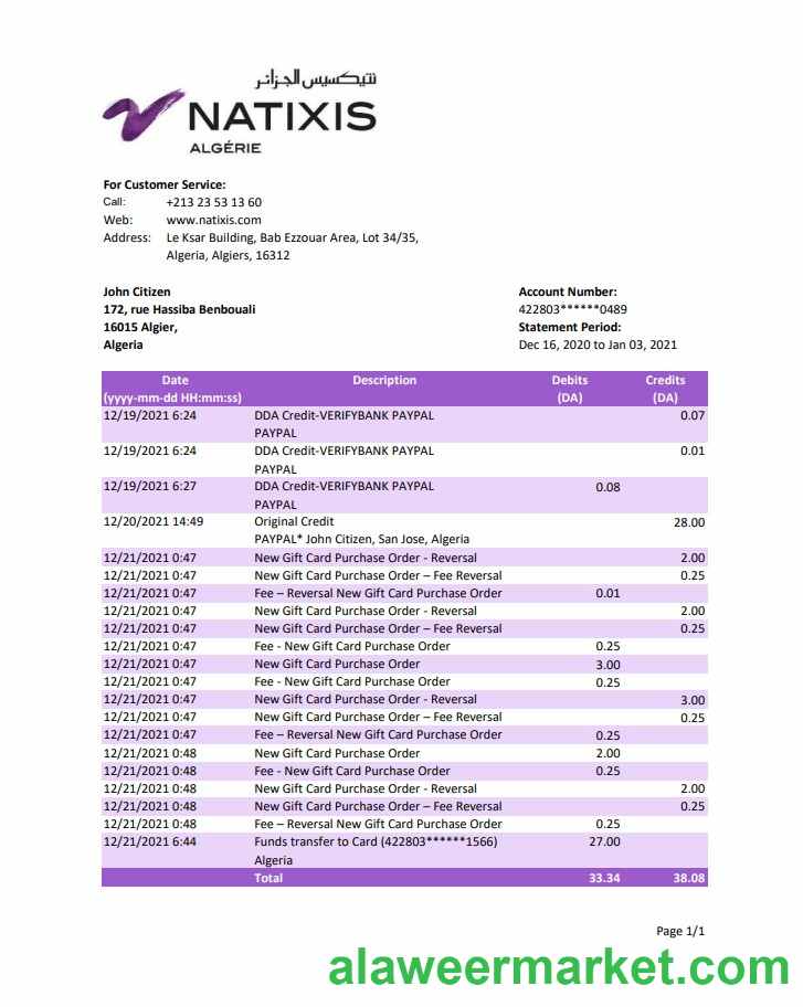 Algeria Natixis Algerie bank statement template in Excel and PDF format